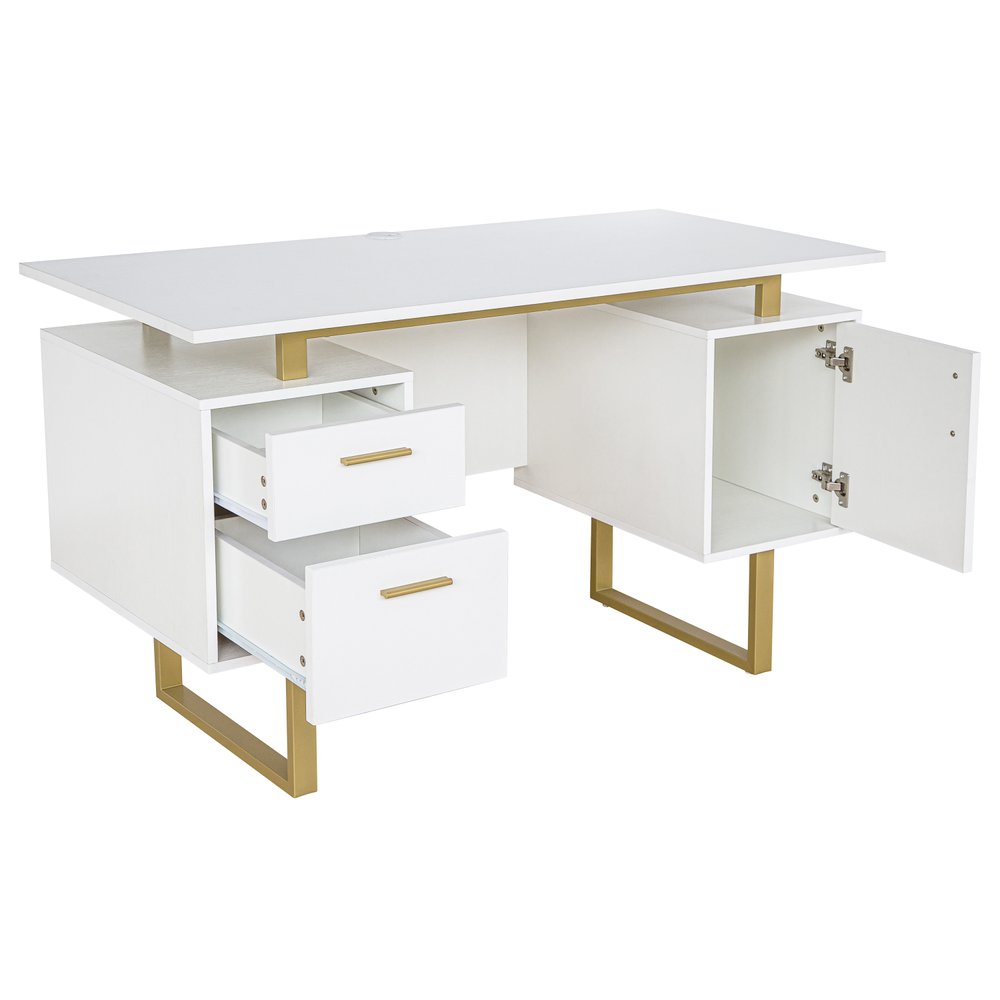 51" White and Gold Wood and Steel Pedestal Executive Desk With Two Drawers HomeRoots