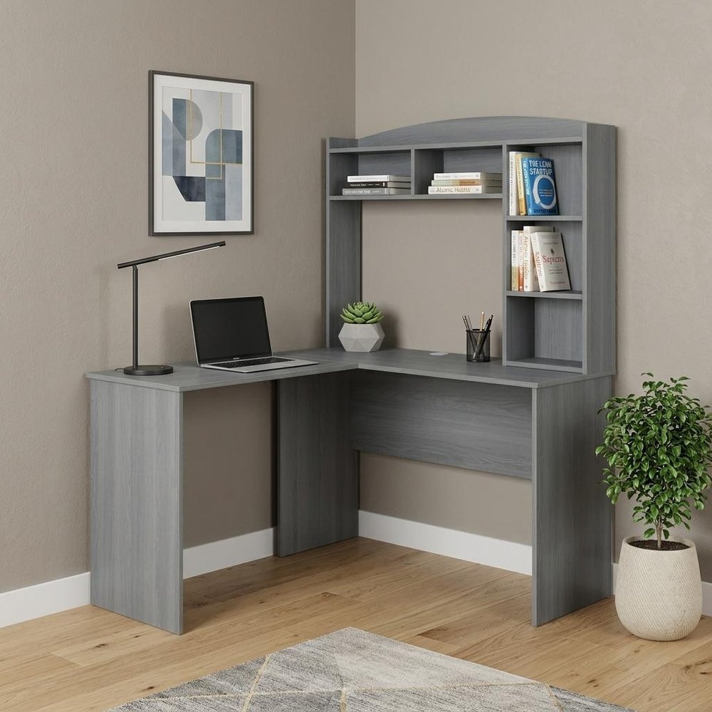 49" Gray Wood L Shape Computer Desk With Hutch HomeRoots