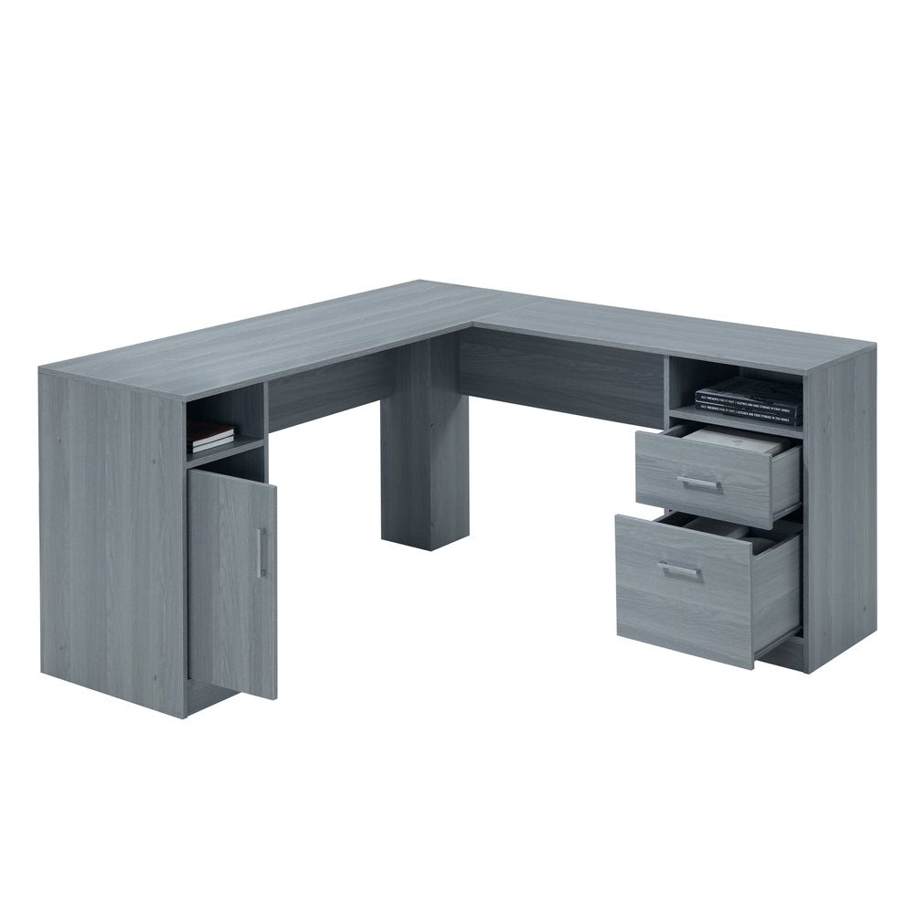 60" Gray Wood L Shape Pedestal Computer Desk With Two Drawers — view 4