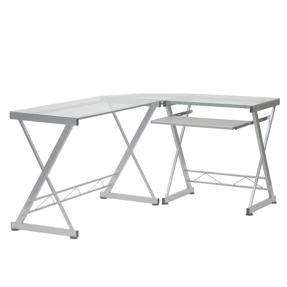 62" Clear Glass and Steel L Shape Computer Desk HomeRoots