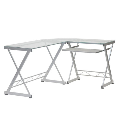 62" Clear Glass and Steel L Shape Computer Desk HomeRoots