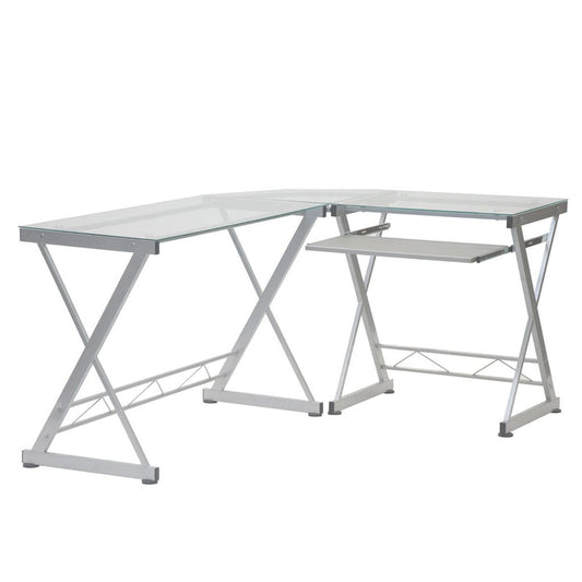 62" Clear Glass and Steel L Shape Computer Desk