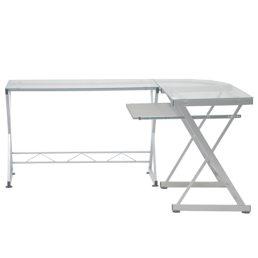 62" Clear Glass and Steel L Shape Computer Desk — view 2