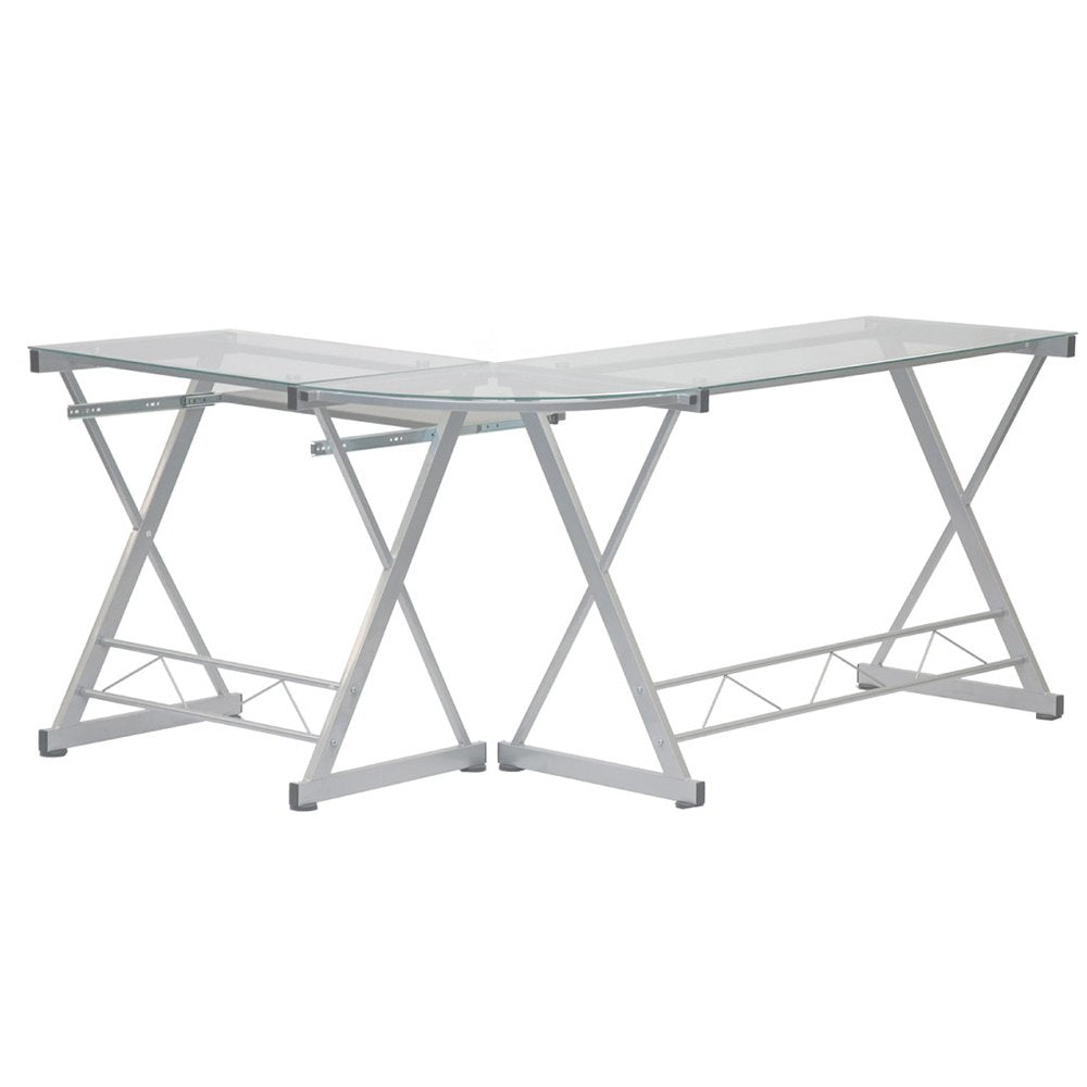 62" Clear Glass and Steel L Shape Computer Desk — view 3