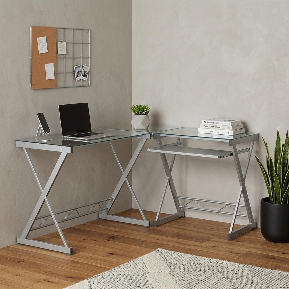 62" Clear Glass and Steel L Shape Computer Desk HomeRoots