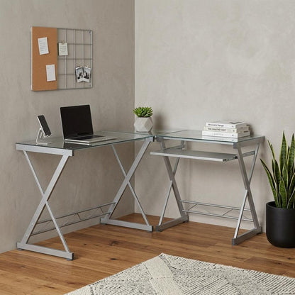 62" Clear Glass and Steel L Shape Computer Desk HomeRoots