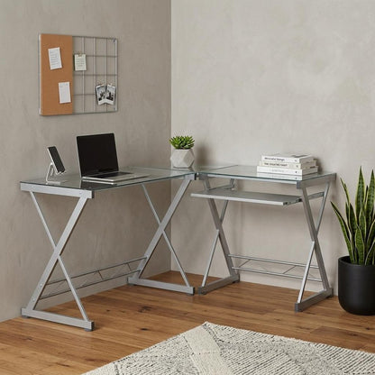 62" Clear Glass and Steel L Shape Computer Desk