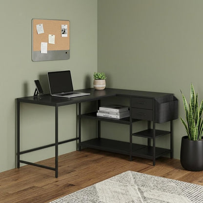 55" Black Wood and Stainless Steel L Shape Computer Desk With Two Drawers HomeRoots