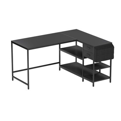 55" Black Wood and Stainless Steel L Shape Computer Desk With Two Drawers HomeRoots
