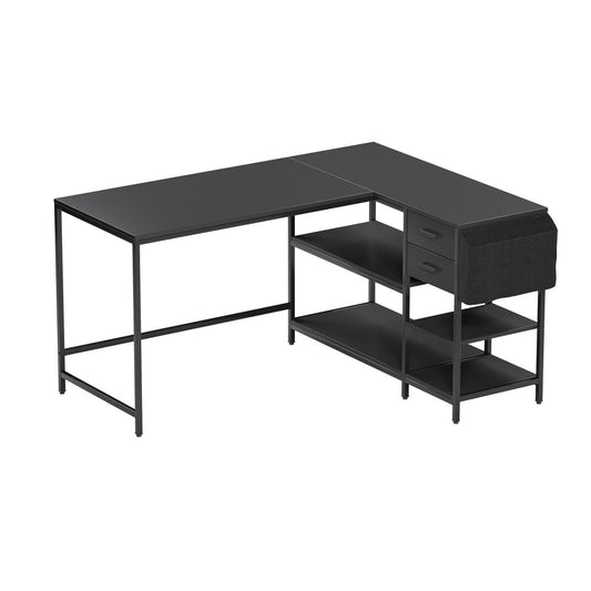 55" Black Wood and Stainless Steel L Shape Computer Desk With Two Drawers