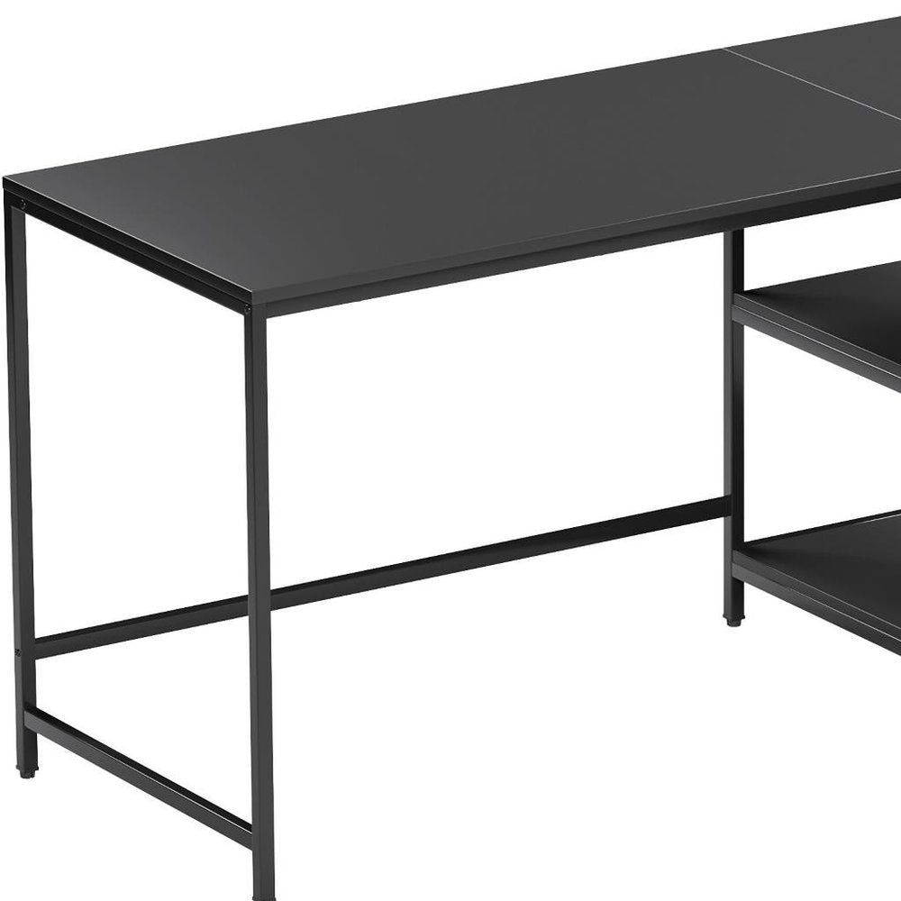 55" Black Wood and Stainless Steel L Shape Computer Desk With Two Drawers HomeRoots