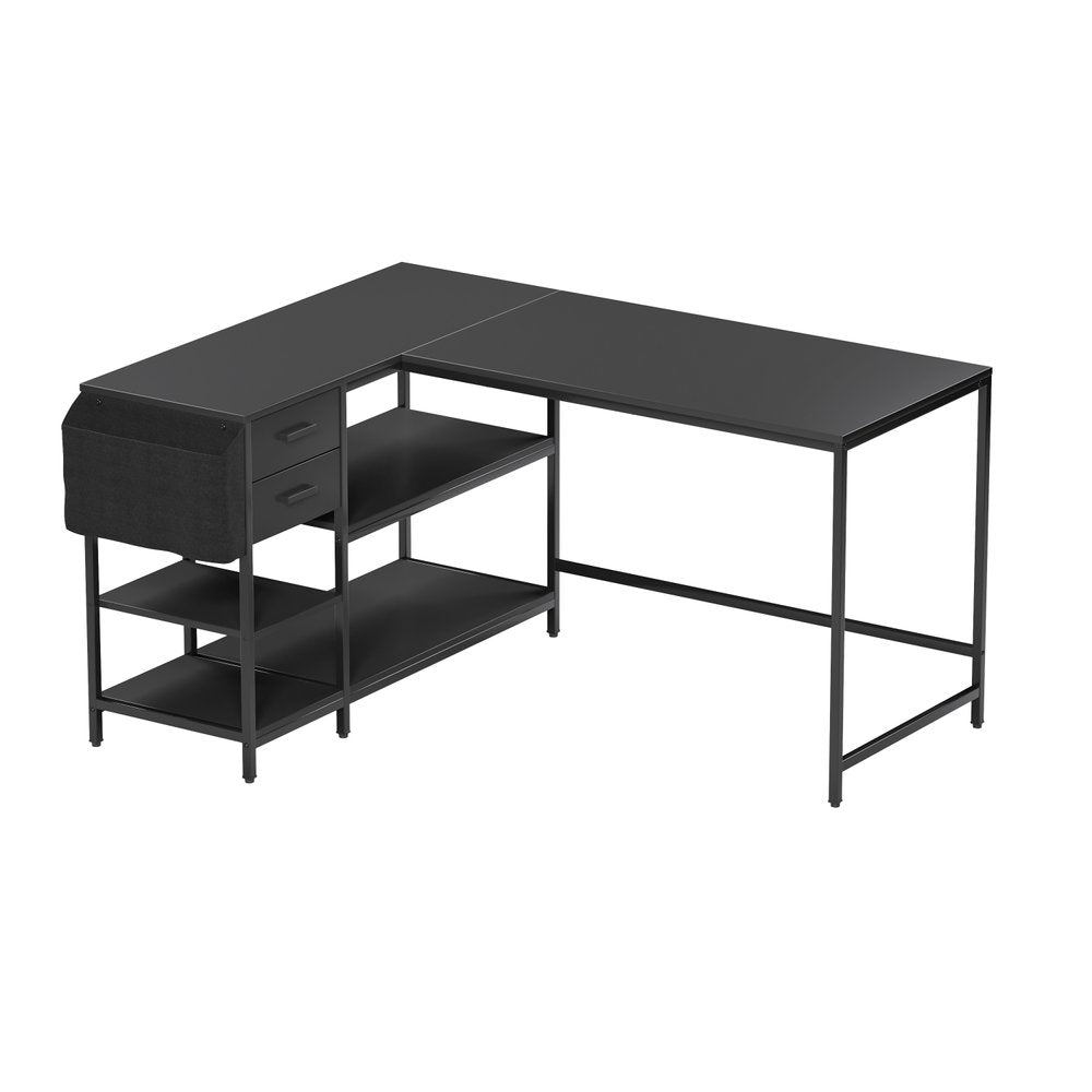 55" Black Wood and Stainless Steel L Shape Computer Desk With Two Drawers HomeRoots