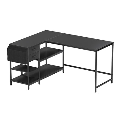 55" Black Wood and Stainless Steel L Shape Computer Desk With Two Drawers HomeRoots