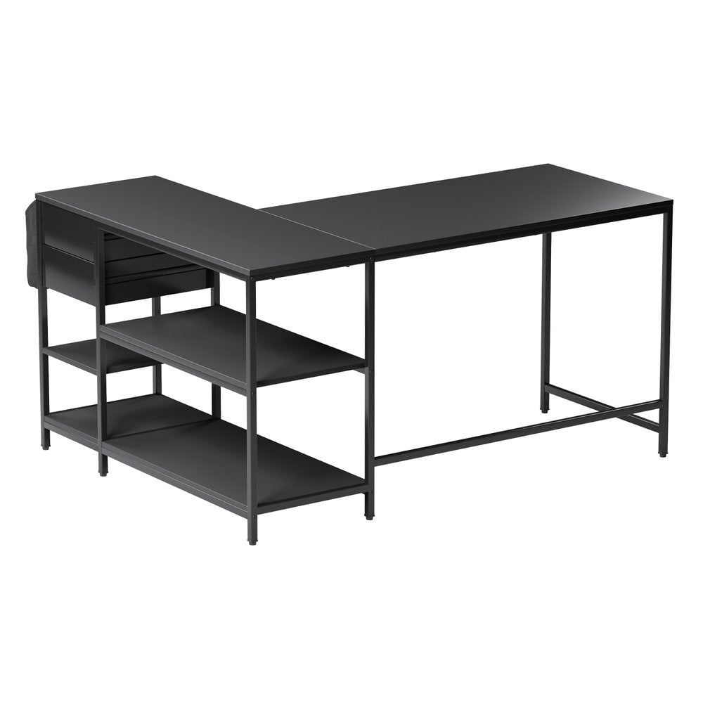 55" Black Wood and Stainless Steel L Shape Computer Desk With Two Drawers HomeRoots