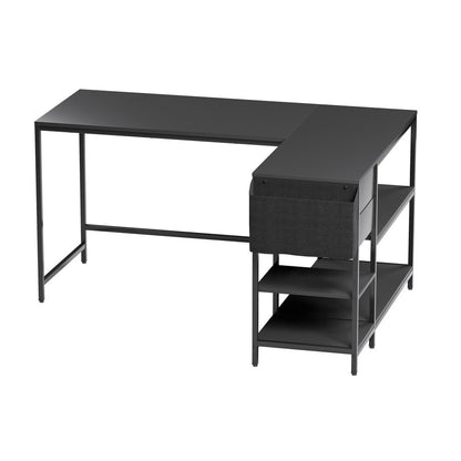 55" Black Wood and Stainless Steel L Shape Computer Desk With Two Drawers HomeRoots