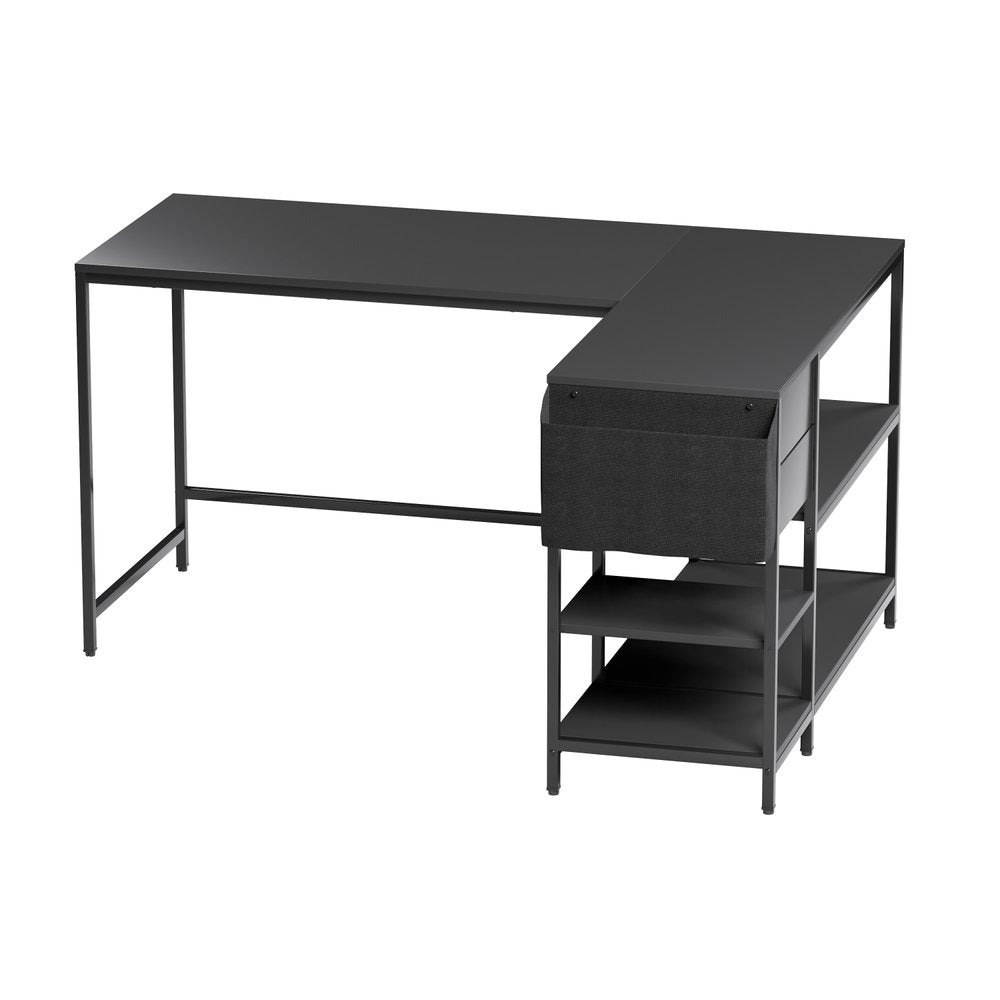 55" Black Wood and Stainless Steel L Shape Computer Desk With Two Drawers — view 4