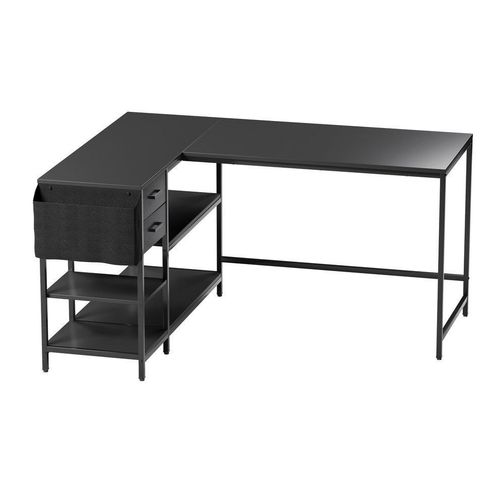 55" Black Wood and Stainless Steel L Shape Computer Desk With Two Drawers — view 5
