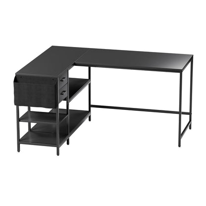 55" Black Wood and Stainless Steel L Shape Computer Desk With Two Drawers HomeRoots