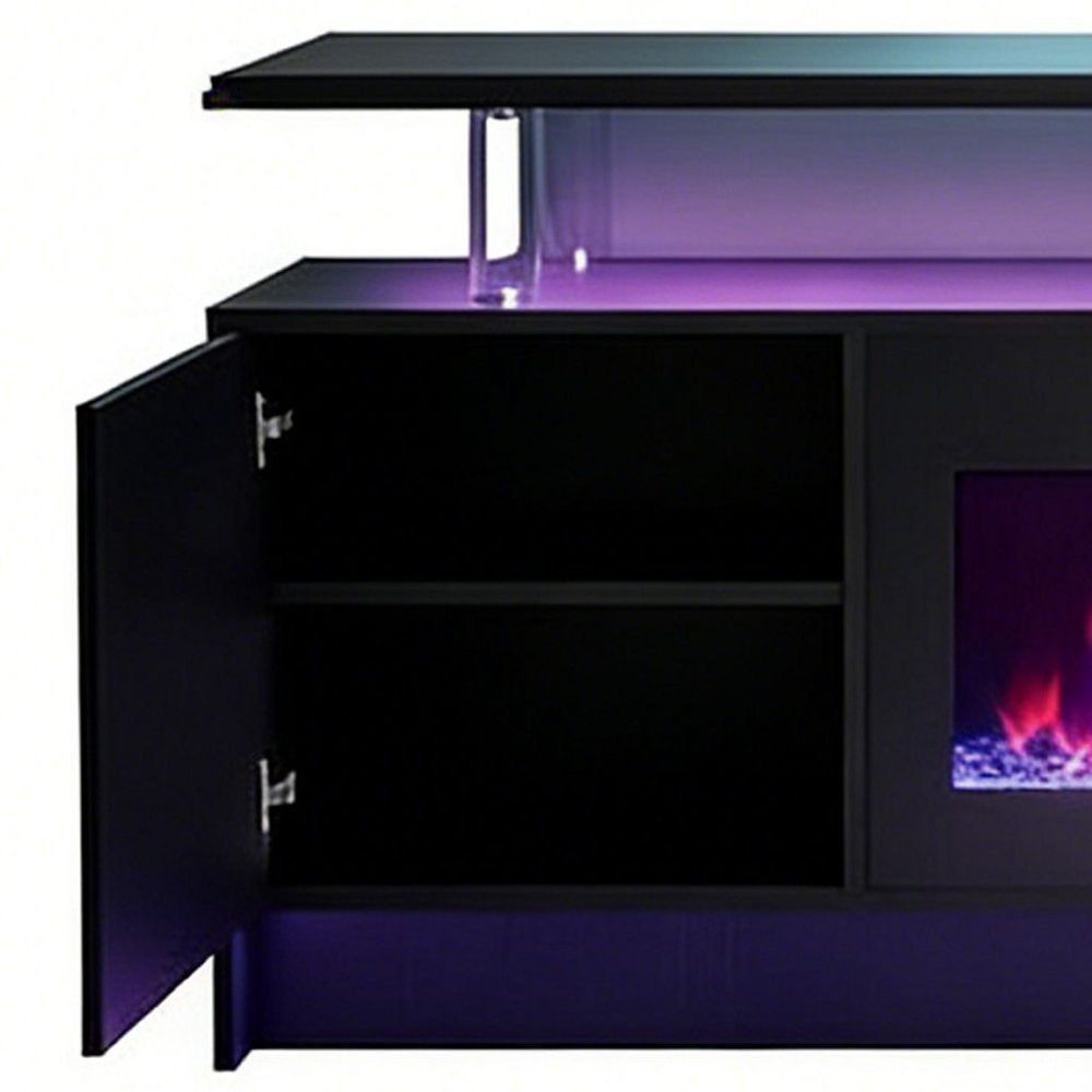 80" Black Wood Entertainment Center With Fireplace — view 2