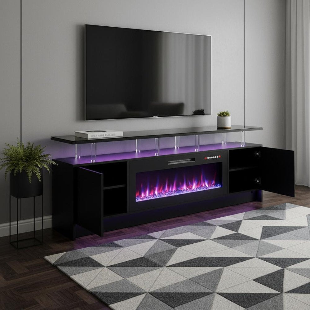 80" Black Wood Entertainment Center With Fireplace — view 4