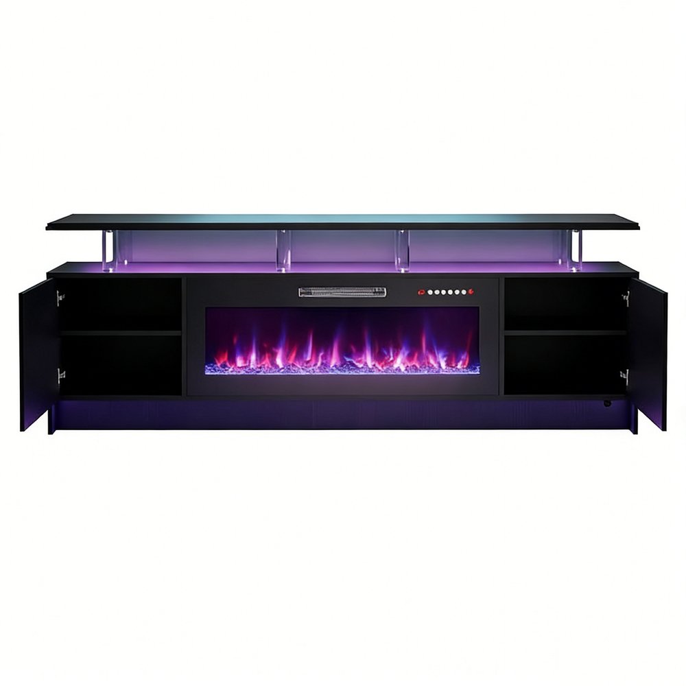 80" Black Wood Entertainment Center With Fireplace — view 1