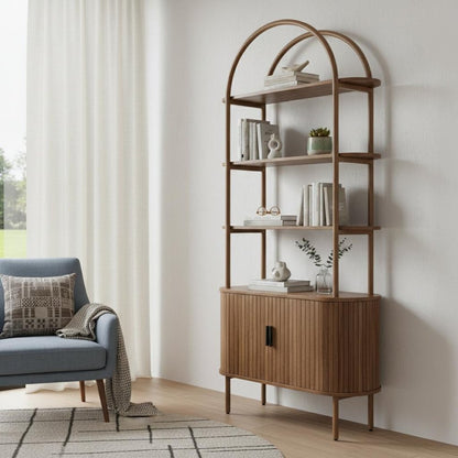71" Brown Steel and Wood Four Tier Etagere Bookcase with Two Doors HomeRoots