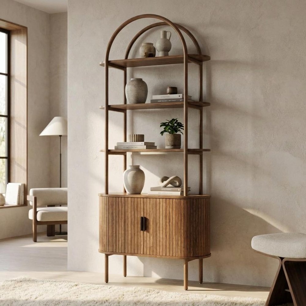 71" Brown Steel and Wood Four Tier Etagere Bookcase with Two Doors — view 1