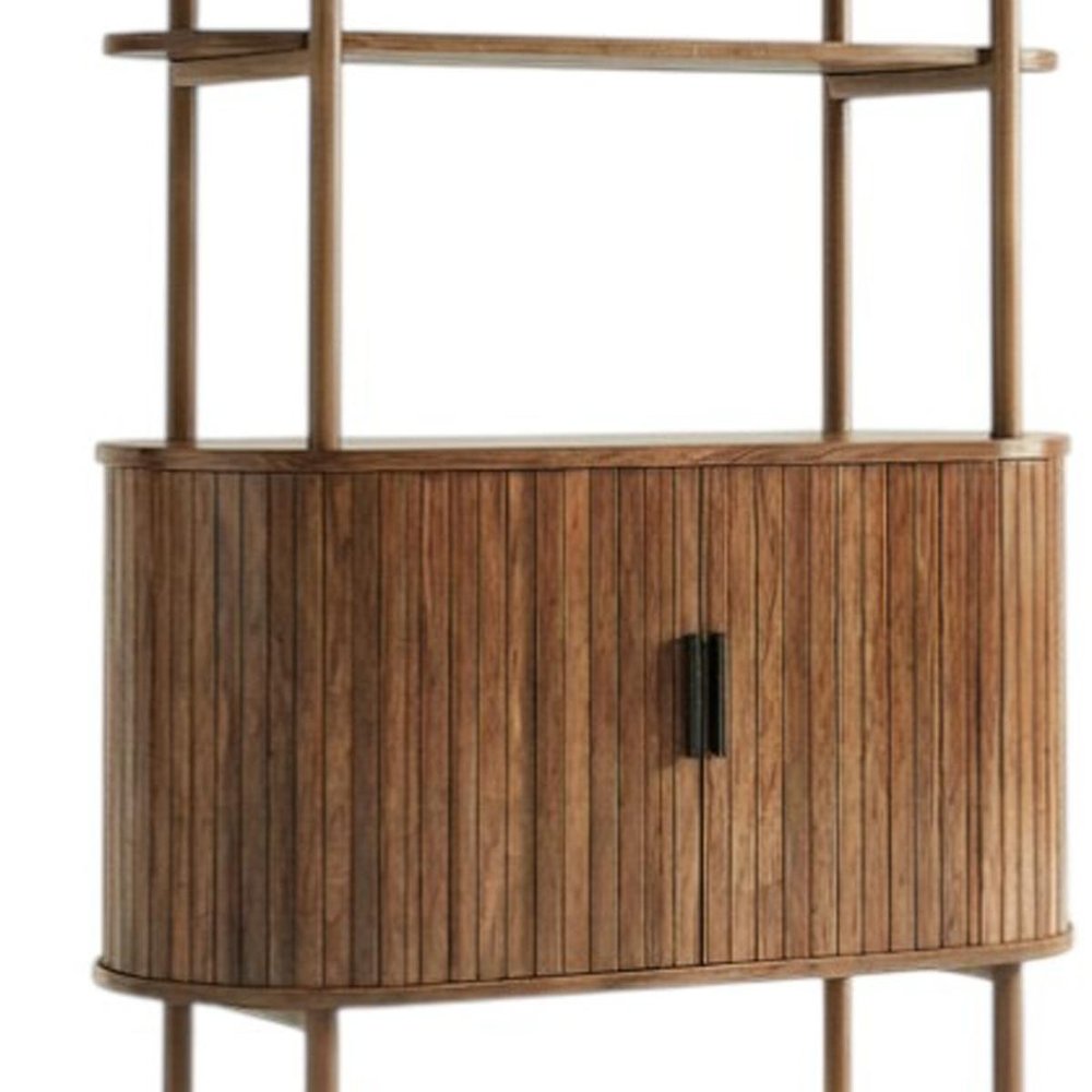 71" Brown Steel and Wood Four Tier Etagere Bookcase with Two Doors — view 7