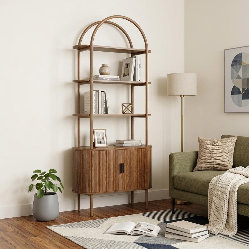 71" Brown Steel and Wood Four Tier Etagere Bookcase with Two Doors HomeRoots