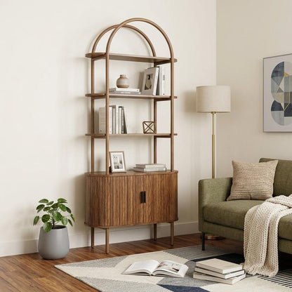 71" Brown Steel and Wood Four Tier Etagere Bookcase with Two Doors HomeRoots