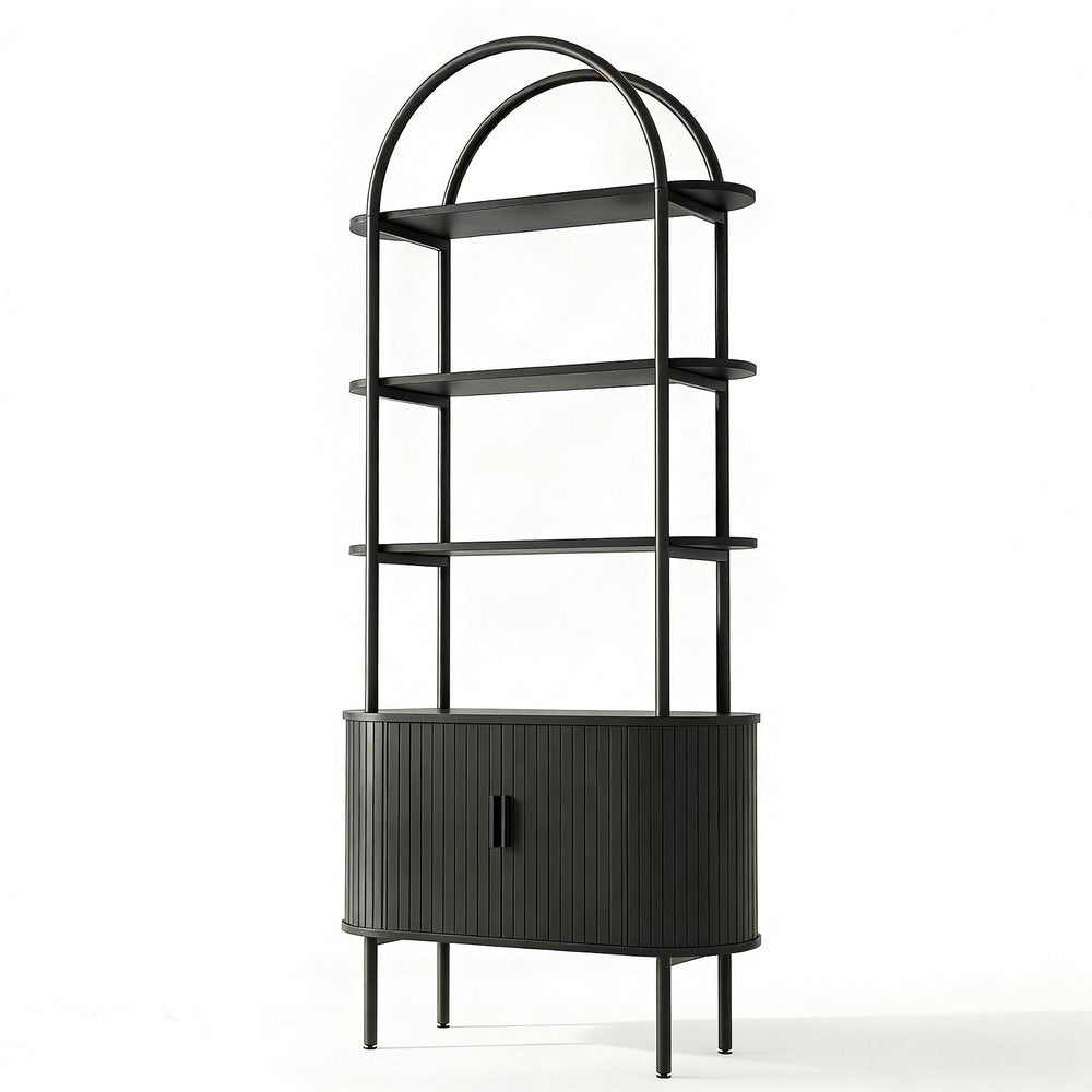 71" Black Wood Four Tier Arched Etagere Bookcase with Two Doors HomeRoots