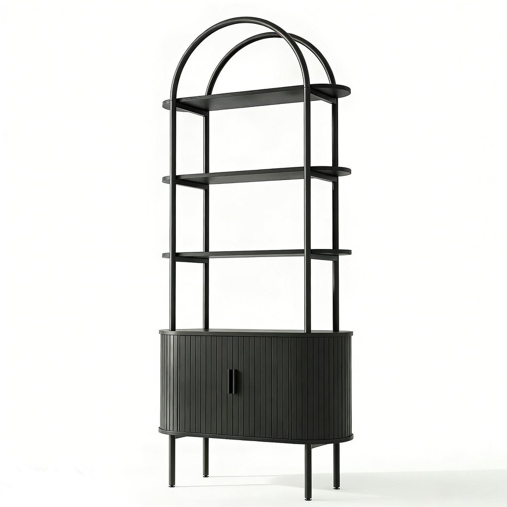 71" Black Wood Four Tier Arched Etagere Bookcase with Two Doors