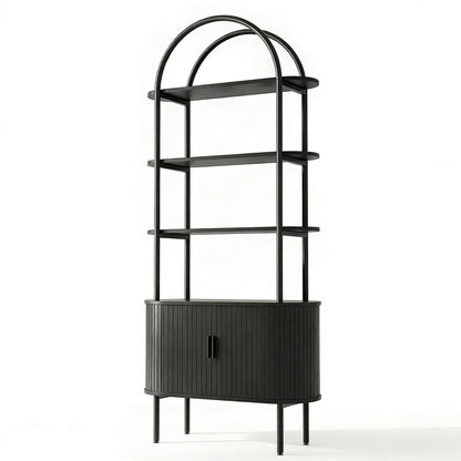 71" Black Wood Four Tier Arched Etagere Bookcase with Two Doors