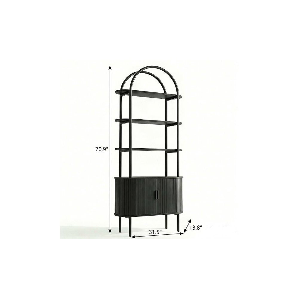 71" Black Wood Four Tier Arched Etagere Bookcase with Two Doors HomeRoots