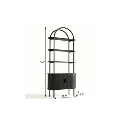 71" Black Wood Four Tier Arched Etagere Bookcase with Two Doors HomeRoots
