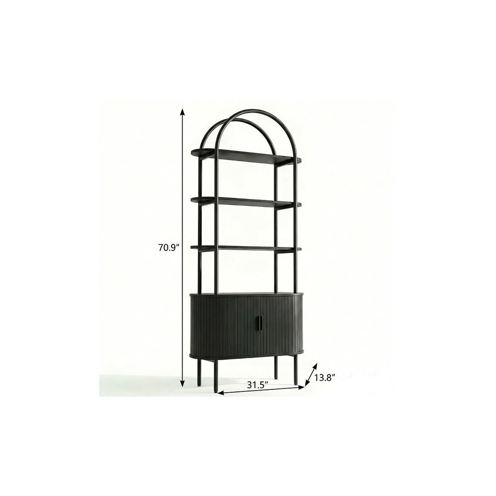 71" Black Wood Four Tier Arched Etagere Bookcase with Two Doors — view 2