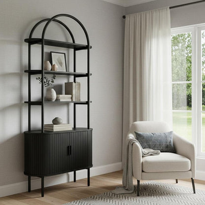 71" Black Wood Four Tier Arched Etagere Bookcase with Two Doors HomeRoots