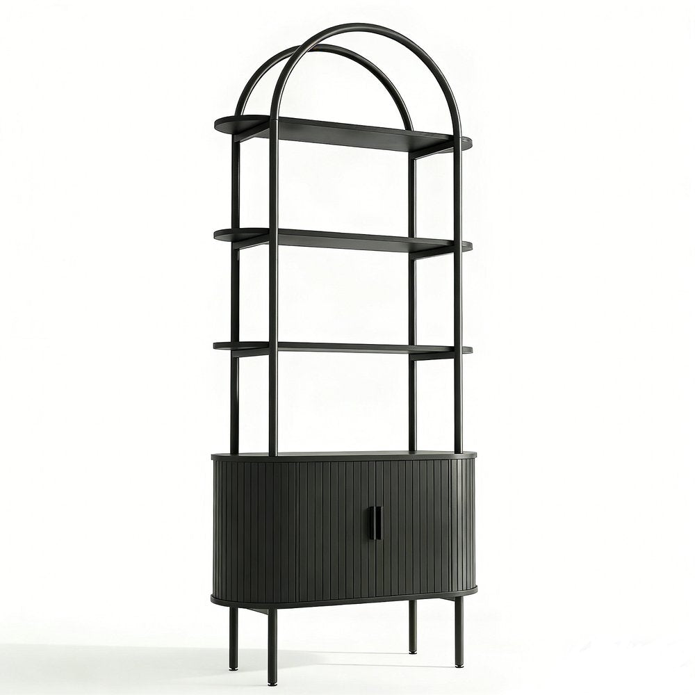71" Black Wood Four Tier Arched Etagere Bookcase with Two Doors HomeRoots