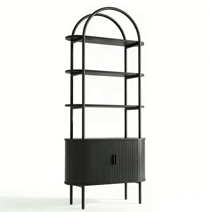 71" Black Wood Four Tier Arched Etagere Bookcase with Two Doors HomeRoots