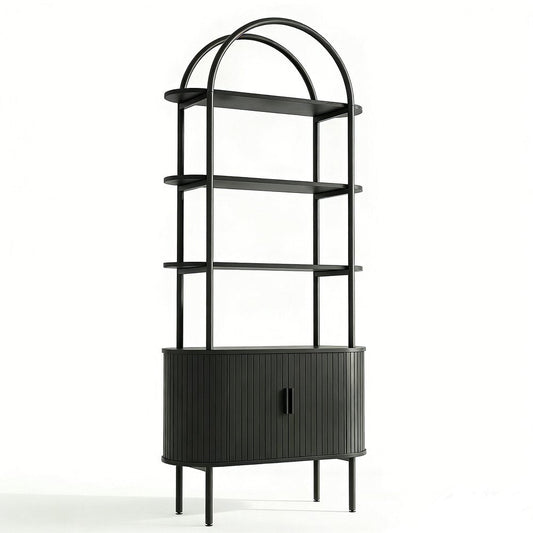 71" Black Wood Four Tier Arched Etagere Bookcase with Two Doors