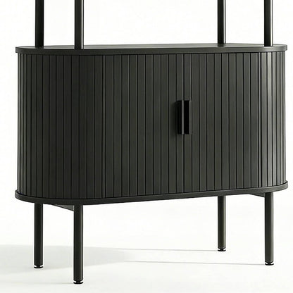 71" Black Wood Four Tier Arched Etagere Bookcase with Two Doors HomeRoots