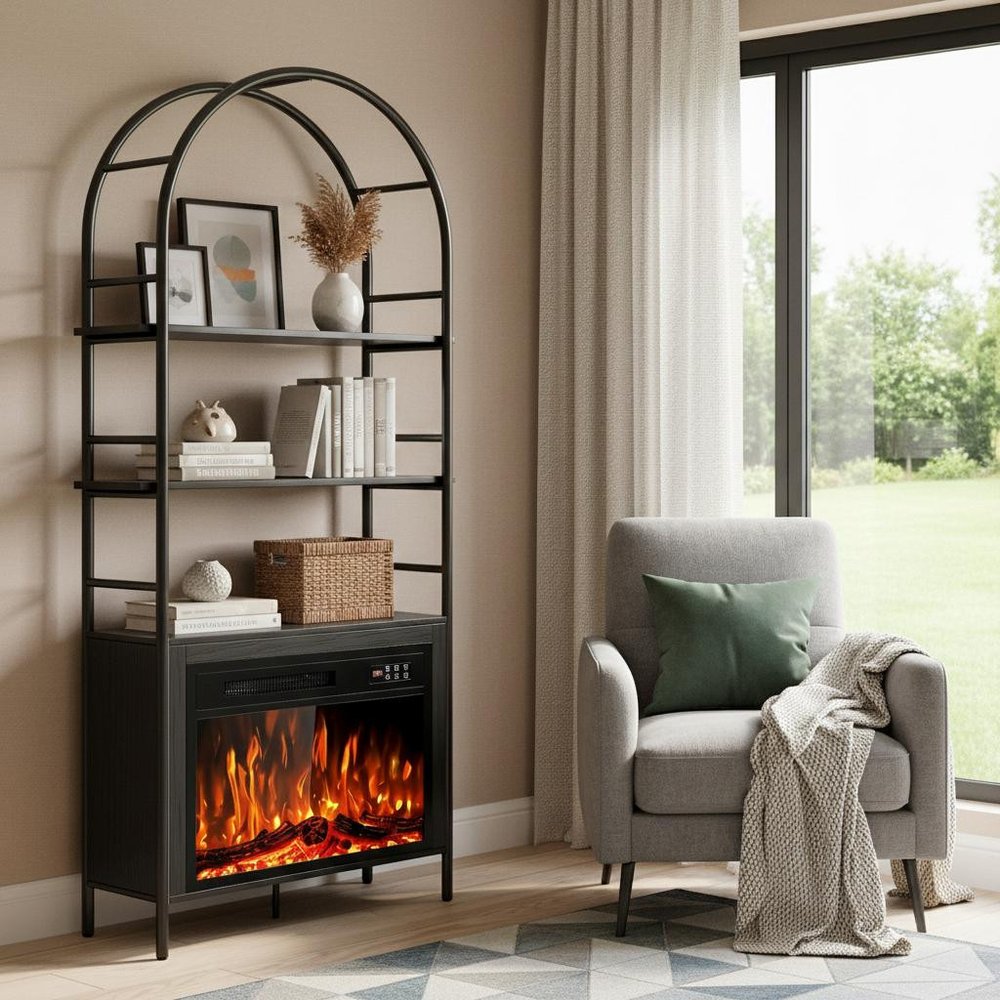 72" Black Metal And Wood Adjustable Three Tier Etagere Bookcase — view 1