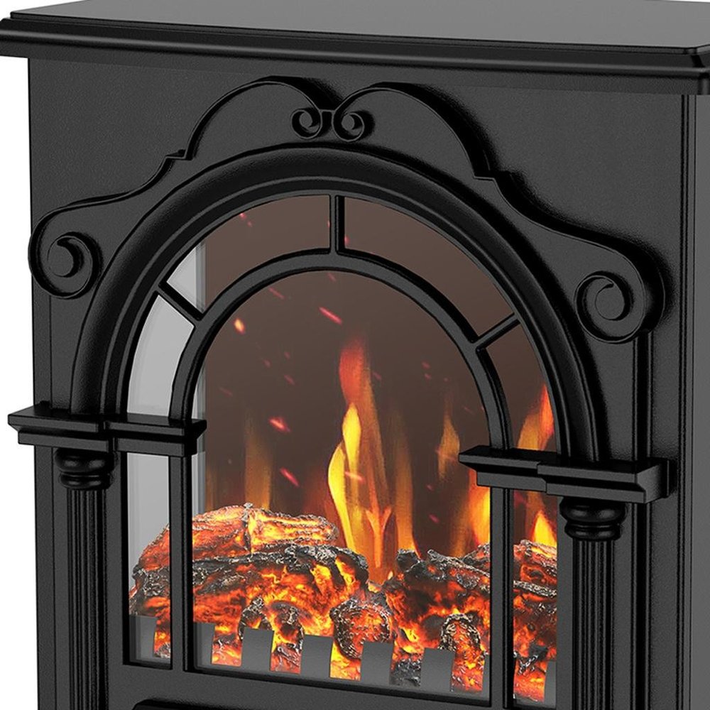 15" Black Ornate Carved Scrollwork Glass And Metal With Storage Electric Fireplace With Mantle — view 2