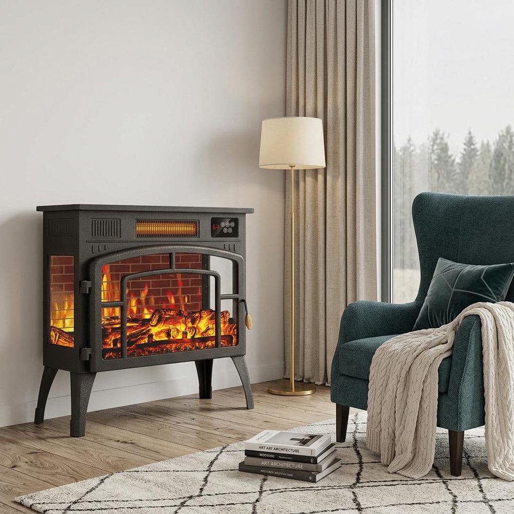 23" Black Steel Electric Fireplace With Mantle — view 4
