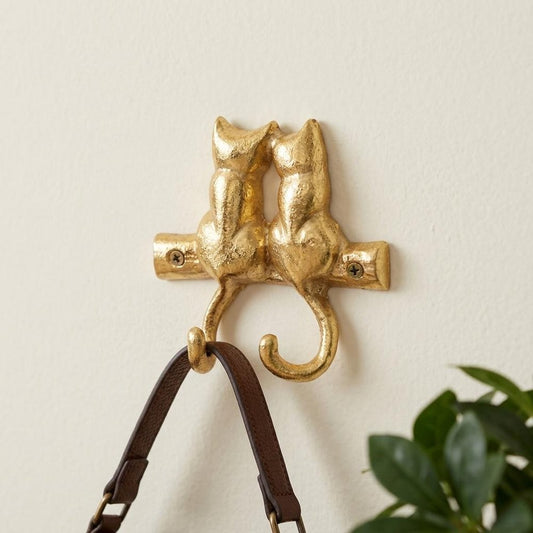 Two Hook 5" Gold Cast Iron Cats Wall Hooks HomeRoots