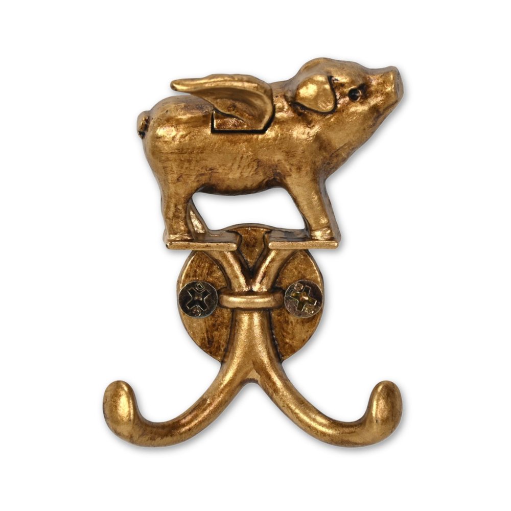 Two Hook 2" Antiqued Gold Cast Iron Pig Wall Hooks HomeRoots