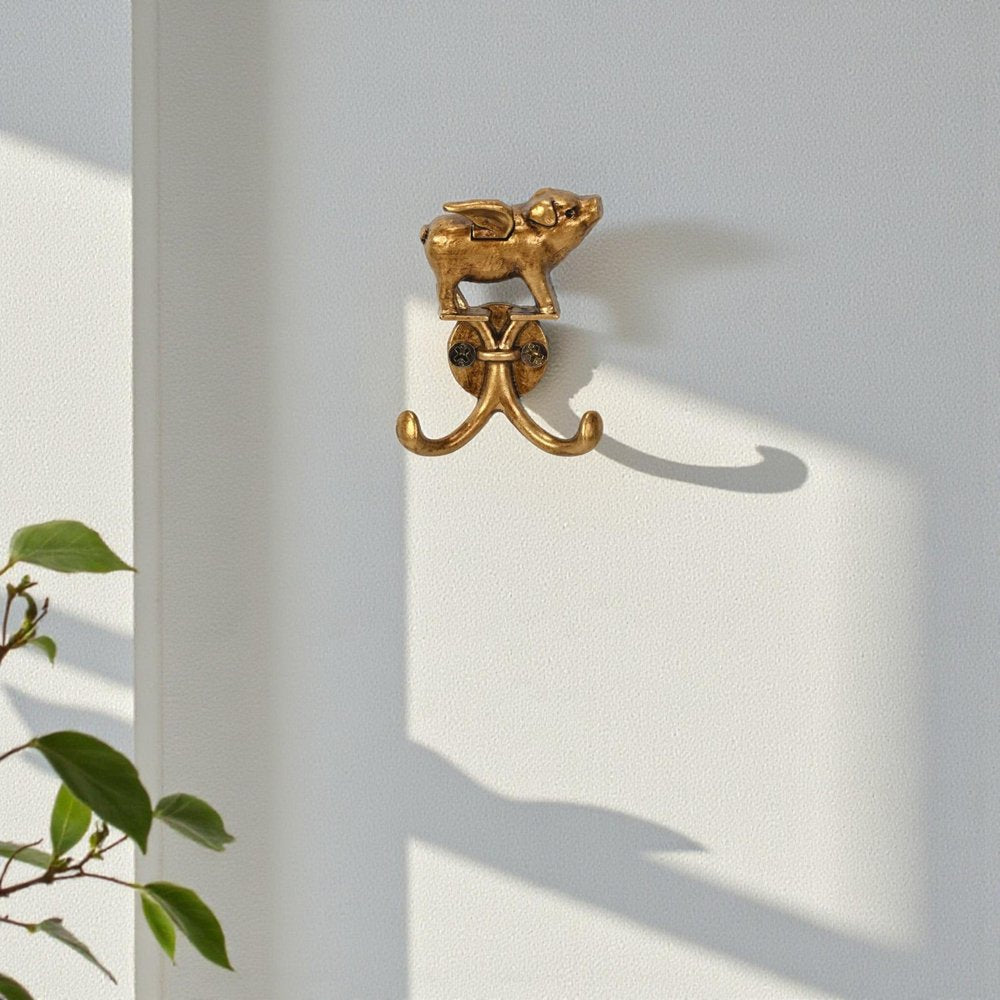 Two Hook 2" Antiqued Gold Cast Iron Pig Wall Hooks — view 2