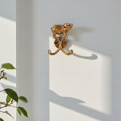 Two Hook 2" Antiqued Gold Cast Iron Pig Wall Hooks HomeRoots
