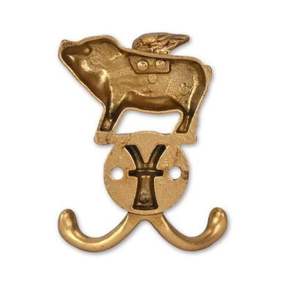 Two Hook 2" Antiqued Gold Cast Iron Pig Wall Hooks HomeRoots