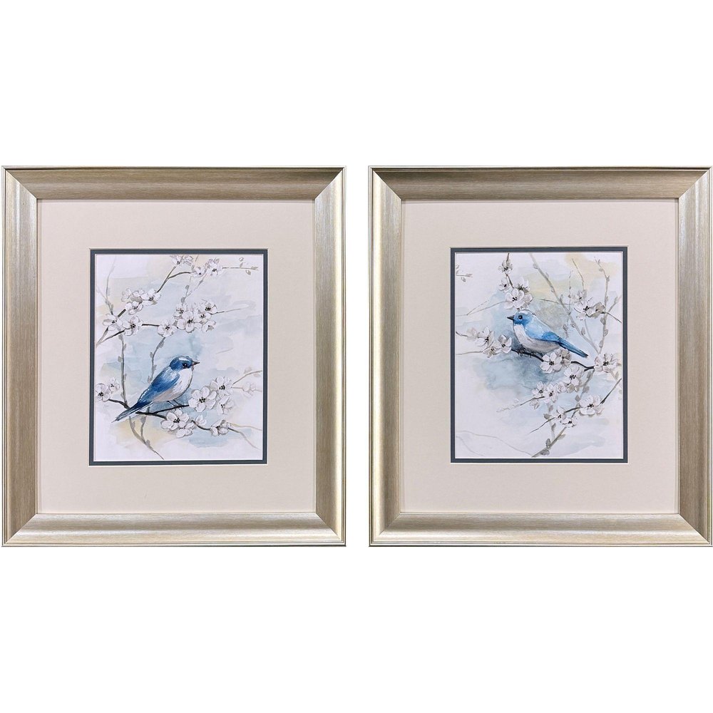 Set Of Two Blossoms And Bluebird Set of Set Silver Framed Wall Art — view 2